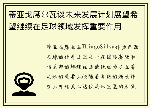 蒂亚戈席尔瓦谈未来发展计划展望希望继续在足球领域发挥重要作用